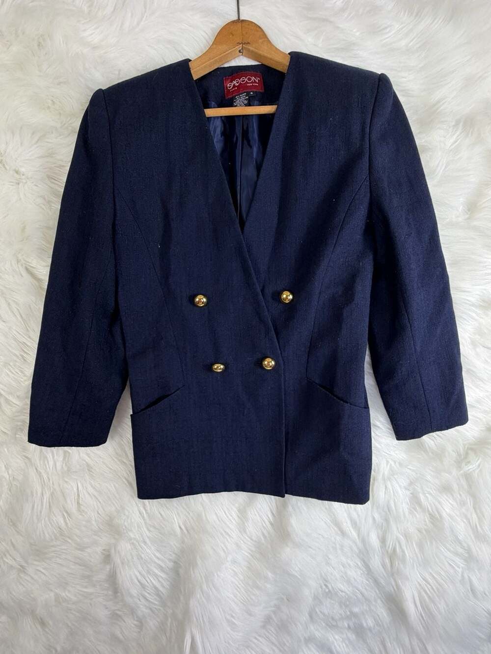 Vintage Sasson Double Breasted Blazer Size 6 Navy Blue Gold Buttons Vintage
